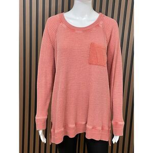 Soft Surroundings Women's L Pink Shirt Autumn Waffle Knit Tunic Thermal Pocket